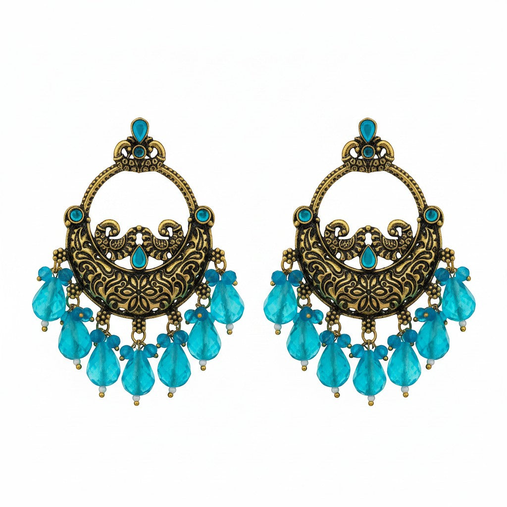Naanu antique gold chandbali earrings with turquoise stones and lime green jade drops, featuring intricate peacock and floral engraving.