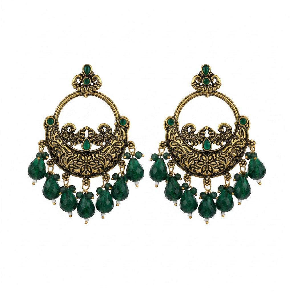 Naanu antique gold chandbali earrings with intricate peacock and floral engraving, turquoise stones, and lime green jade drops.