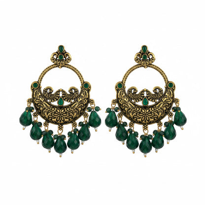 Naanu antique gold chandbali earrings with intricate peacock and floral engraving, turquoise stones, and lime green jade drops.