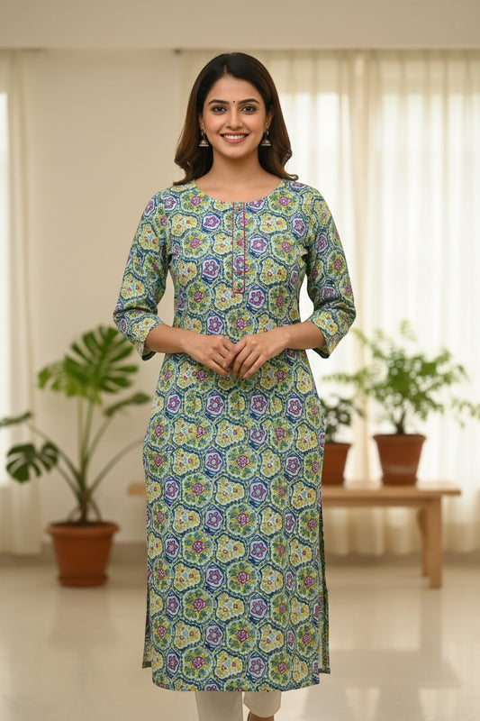 Naanu aqua mint multicolor geometric hexagonal medallion block print cotton kurta with 3/4 sleeves and round neck.