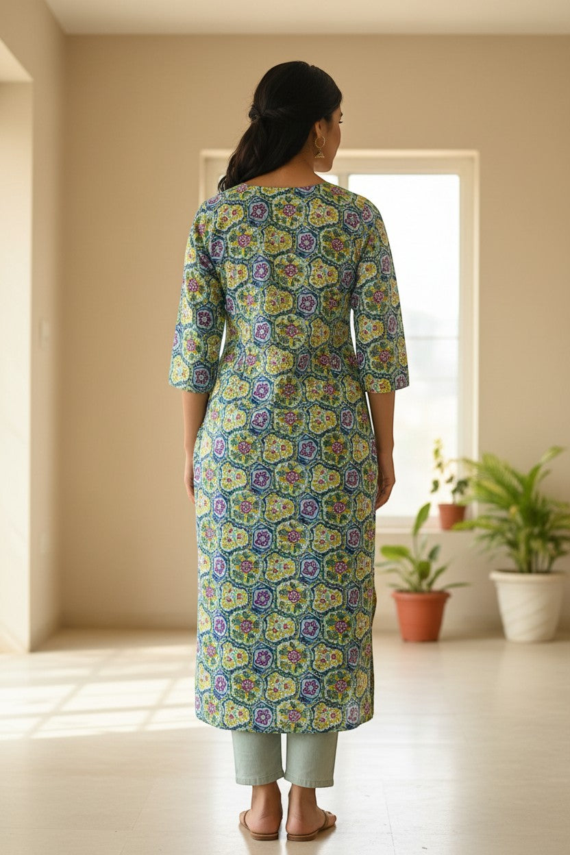 Naanu aqua mint multicolor geometric hexagonal medallion block print cotton kurta with 3/4 sleeves and round neck.