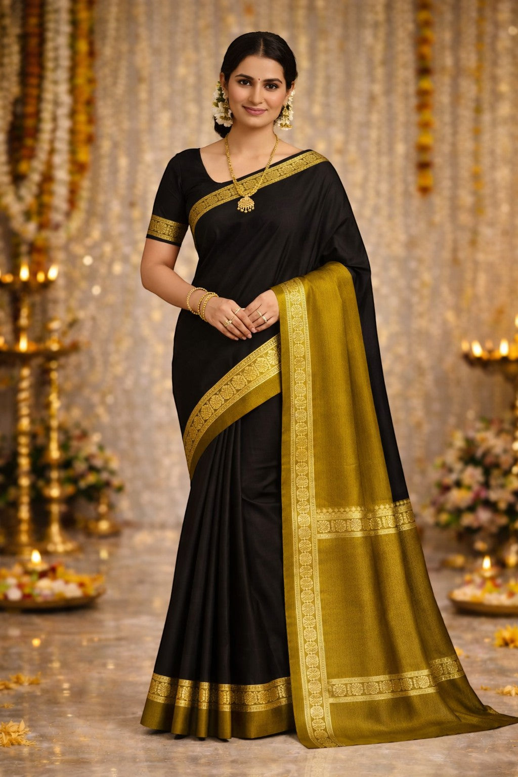Naanu black Chanderi silk saree with gold motif border and olive green pallu. Model wears gold jewelry.