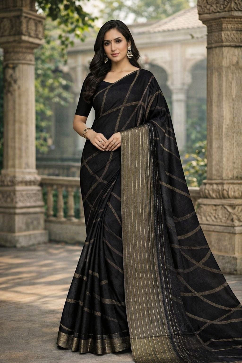 Naanu black georgette saree with abstract diagonal gold stripes, gold zari pallu and border. Festive wear.