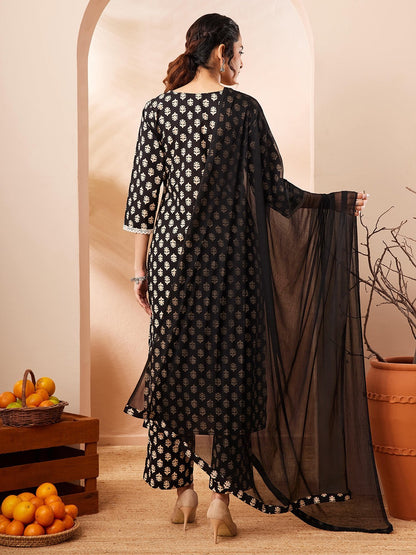 Naanu black rayon kurta set with gold leaf print, white lace trim, straight pants, and sheer dupatta.