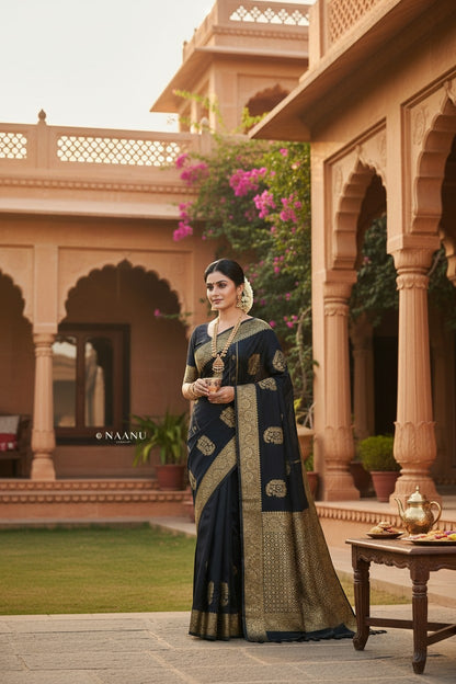 Naanu black crepe saree with antique gold medallion butta and geometric jaal pallu, broad gold border, model wearing jewelry.