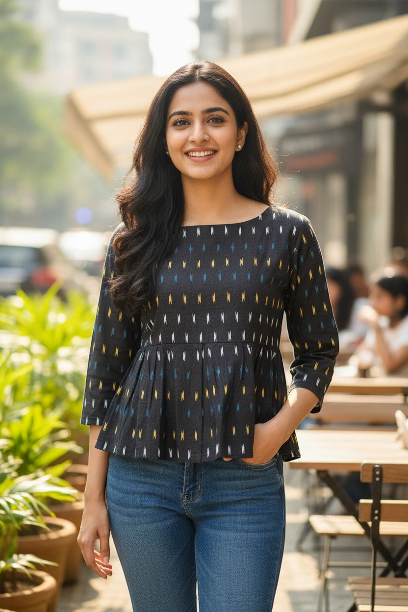 Naanu black ikat weave peplum top with white, yellow, and blue dash motifs, boat neck, 3/4 sleeves, and gathered waist.