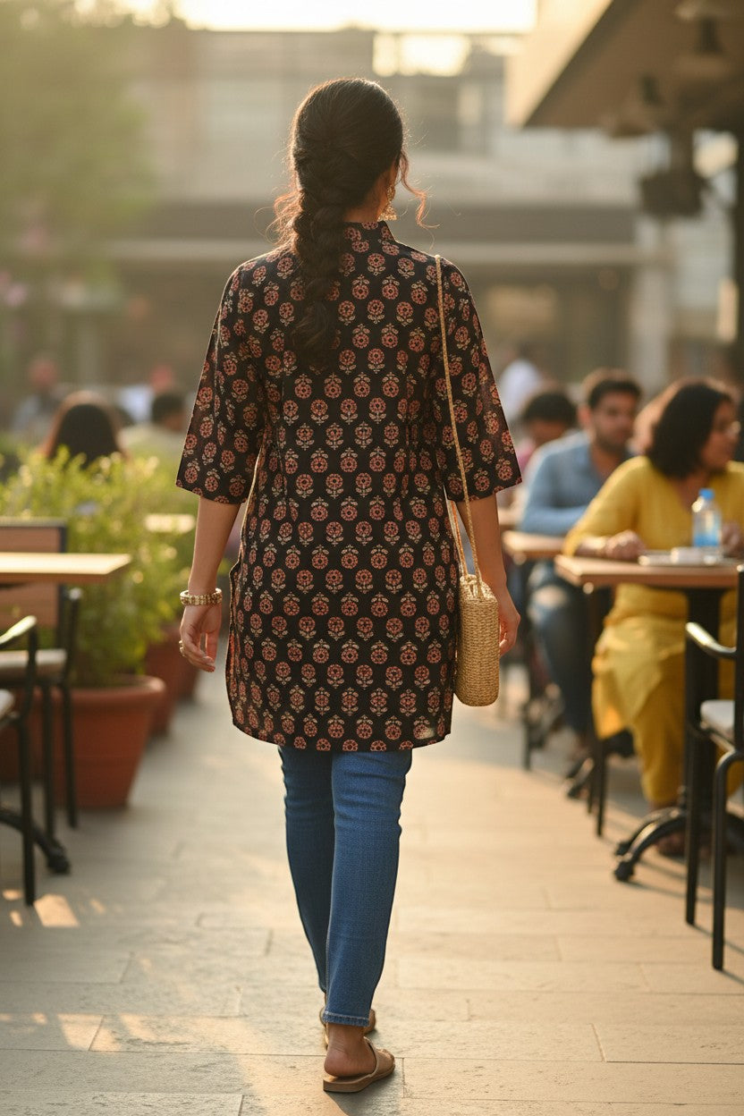 Naanu black cotton kurti with red and beige floral buta block print, collar, and 3/4 sleeves.