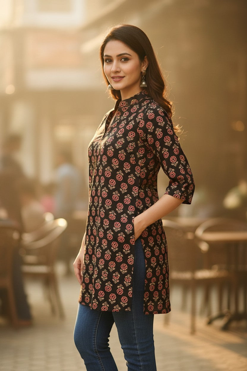 Naanu black cotton kurti with red and beige floral buta block print, collar, and 3/4 sleeves.