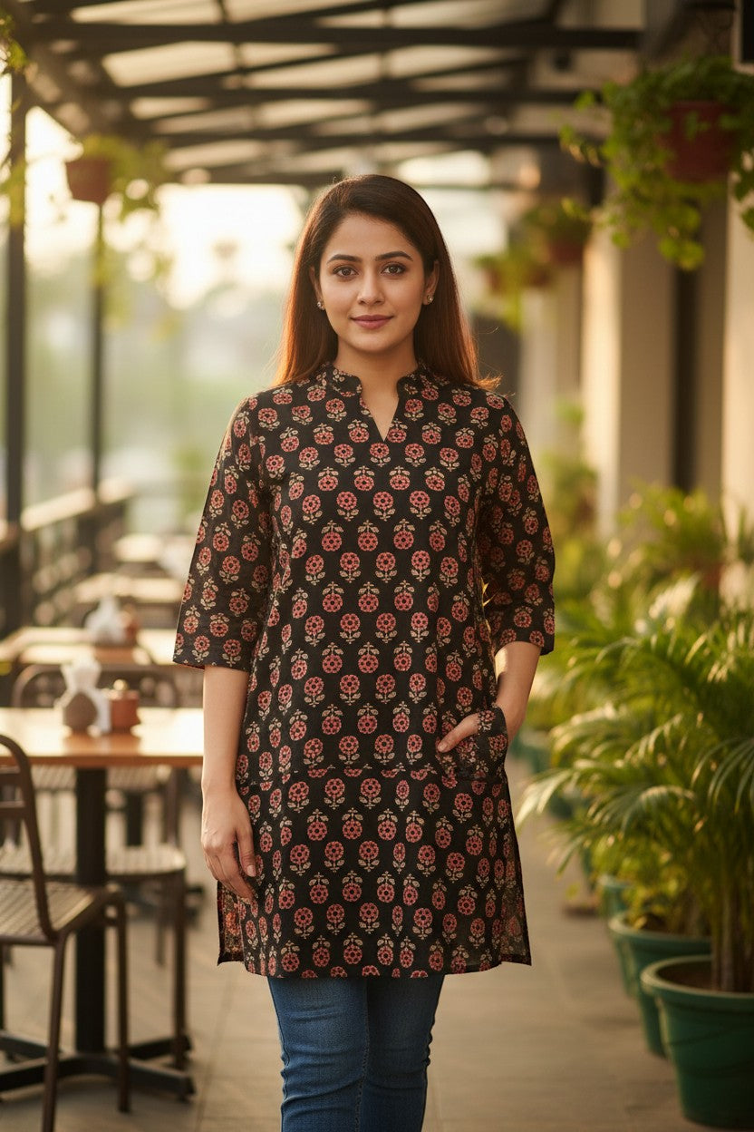 Naanu black cotton kurti with red and beige floral buta block print, collar, 3/4 sleeves, and straight fit.