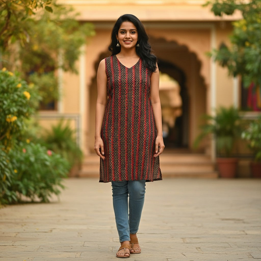 Naanu black and red chevron zigzag ikat sleeveless short kurti made of 100% cotton with a V-notch neckline and A-line flared silhouette.