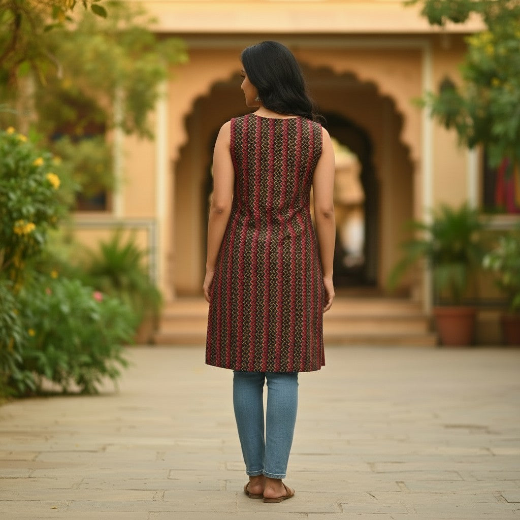 Naanu black and red chevron zigzag ikat sleeveless short kurti with V-notch neckline and A-line flared silhouette, made of 100% cotton.