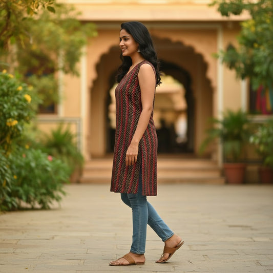 Naanu black and red chevron zigzag ikat sleeveless short kurti with V-notch neckline and A-line flared silhouette.