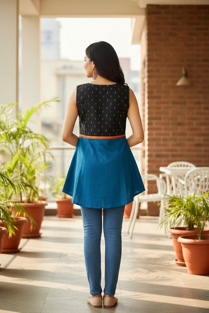 Naanu black ikat sleeveless peplum kurti with teal blue flared skirt and orange embroidered waistband.