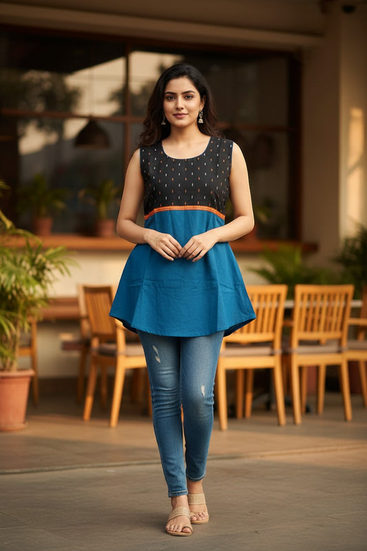 Naanu black ikat sleeveless peplum kurti with teal blue flared skirt and orange embroidered waistband.