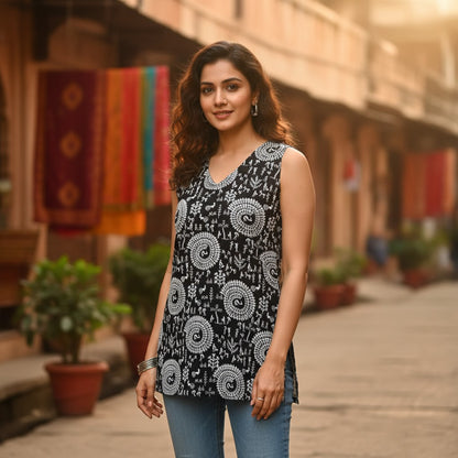 Naanu black sleeveless short cotton top with all-over white Warli tribal art print, featuring circular motifs and figures.