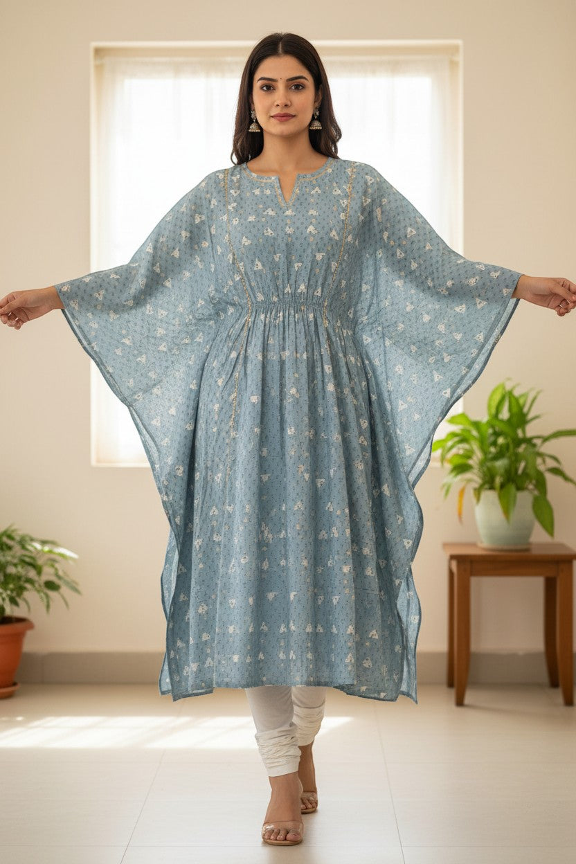 Naanu blue cotton kaftan kurta with white triangular booti print, bell sleeves, and smocked waist.