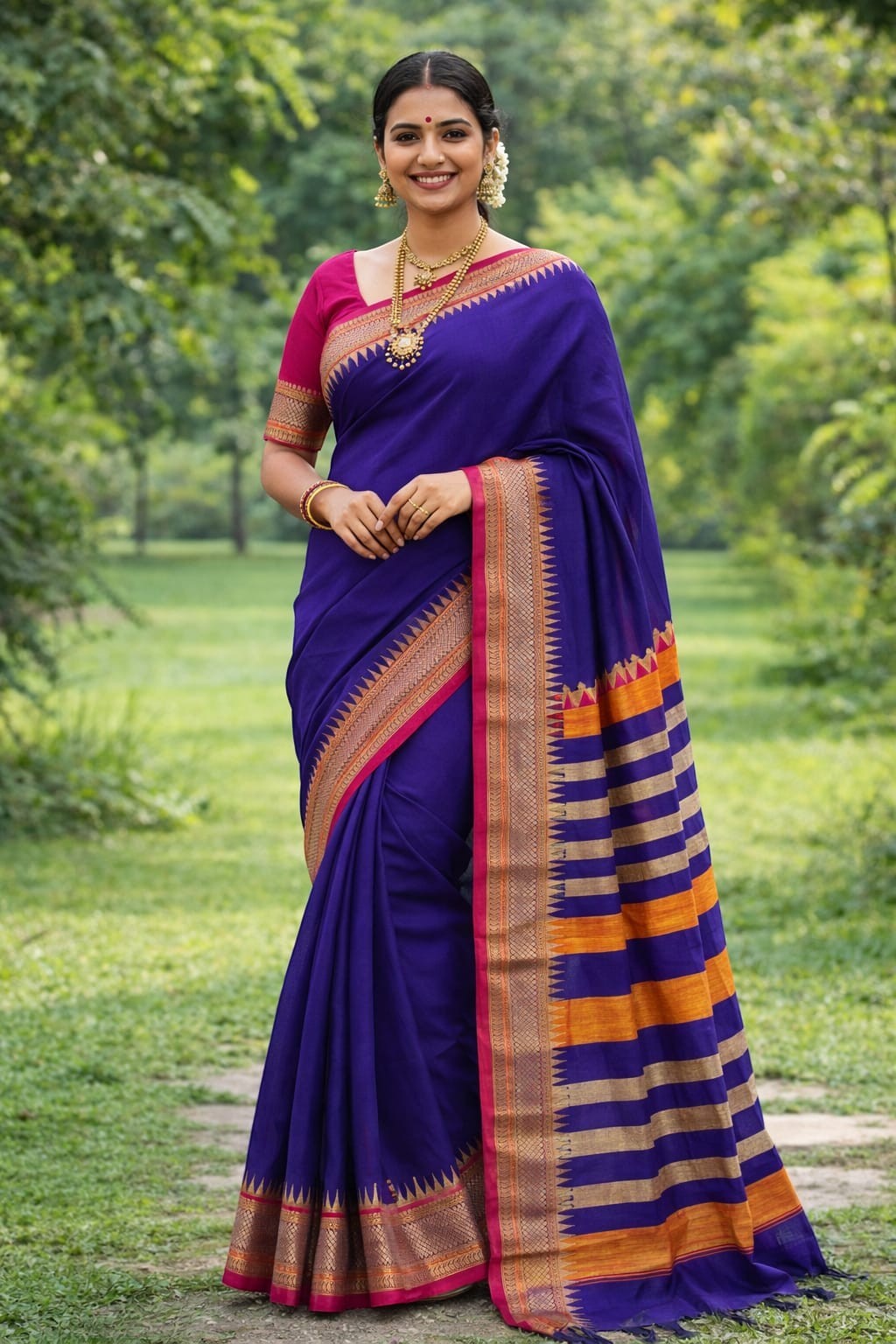 Naanu deep blue cotton saree with gold and orange striped border and pink trim. Model wears traditional jewelry.