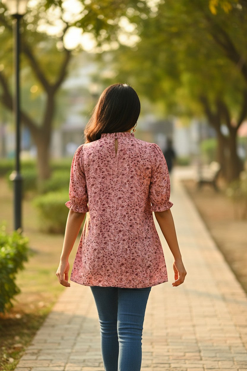 Naanu blush pink ditsy floral mock neck top with ruffle puff sleeves and A-line silhouette.