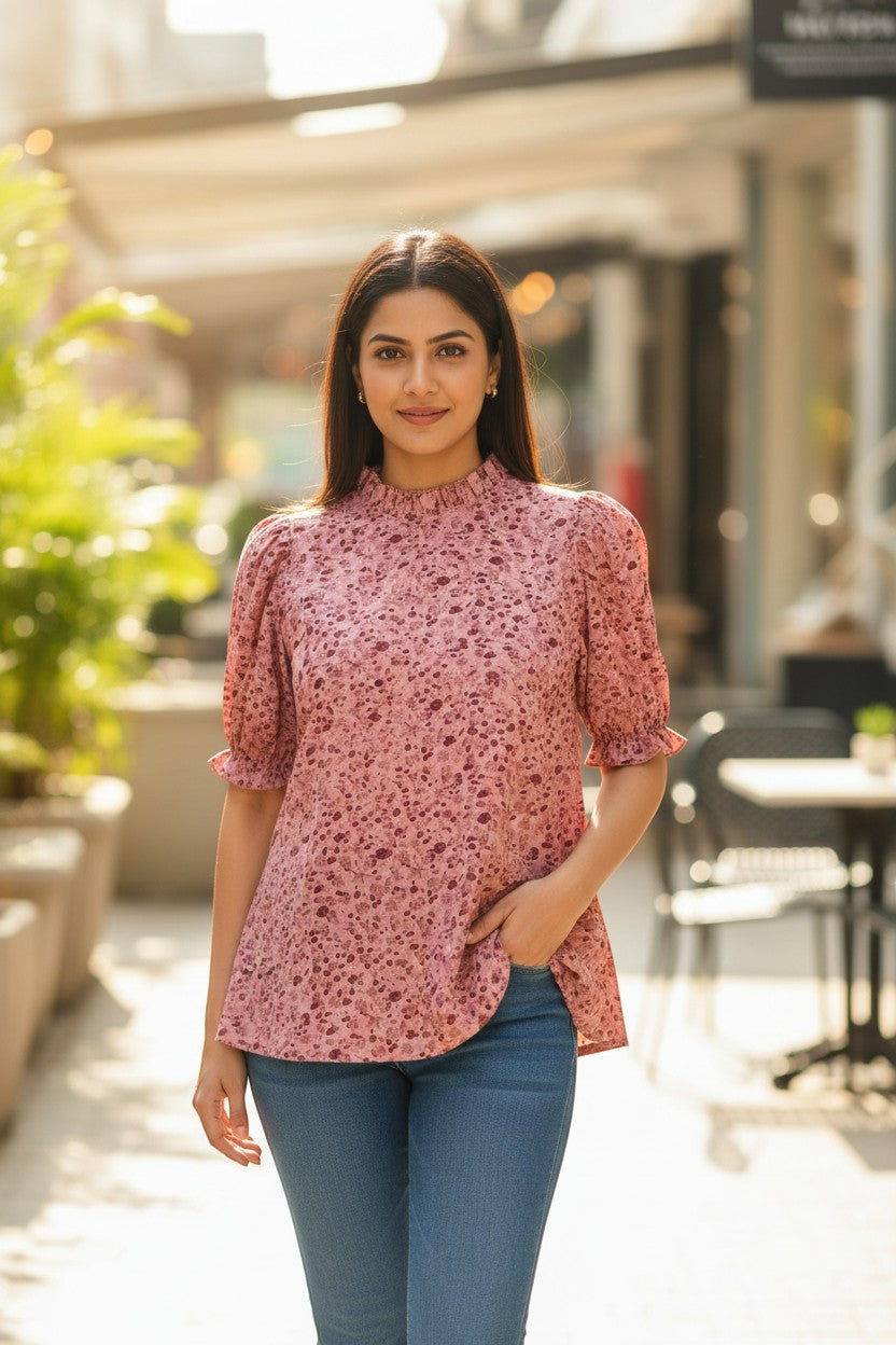 Naanu blush pink ditsy floral mock neck top with ruffle puff sleeves and A-line silhouette.