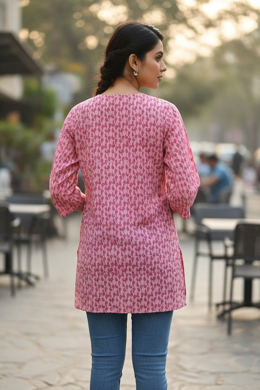 Naanu blush pink cotton short kurti with all-over paisley buta print, 3/4 sleeves, and side pockets.