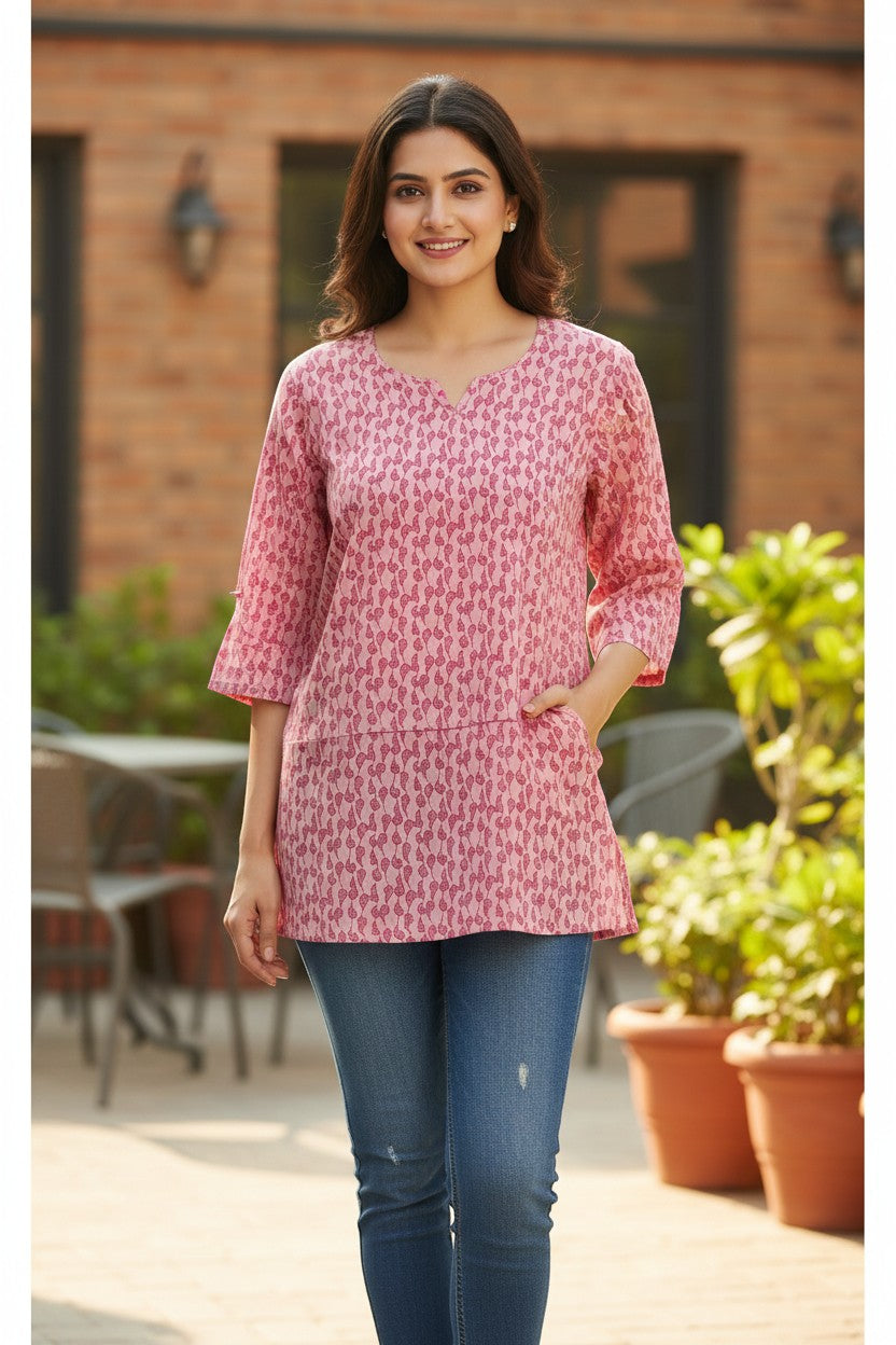 Naanu blush pink cotton short kurti with all-over paisley buta print, notch V-neck, 3/4 sleeves, and side pockets.