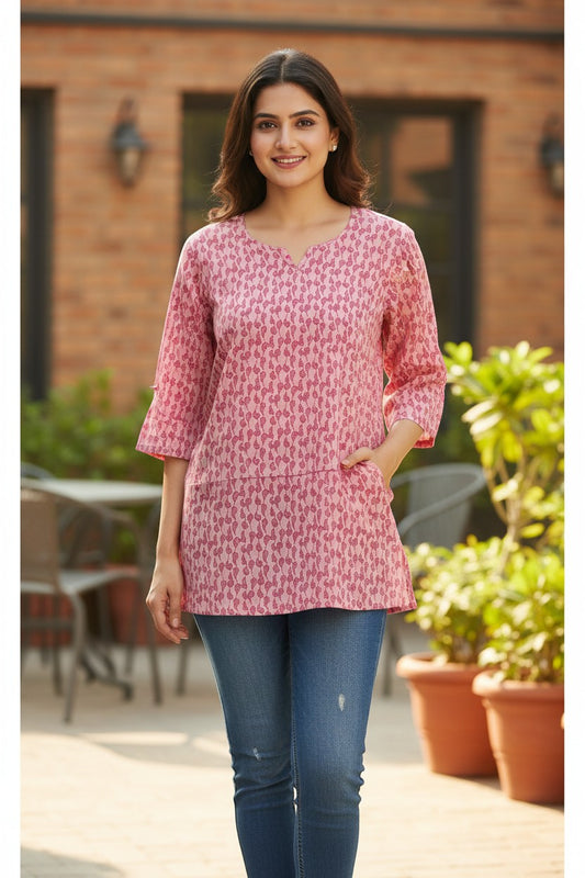 Naanu blush pink cotton short kurti with all-over paisley buta print, notch V-neck, 3/4 sleeves, and side pockets.