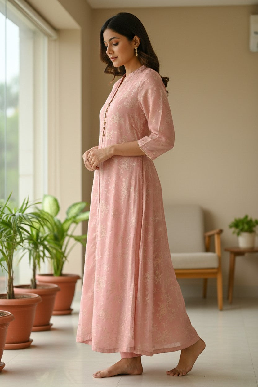 Naanu blush pink and rose gold A-line kurta with gold zari floral booti, gold buttons, and gold sleeve trim.