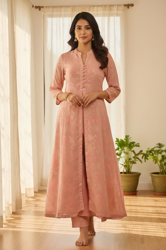 Naanu blush pink and rose gold A-line kurta with gold zari floral booti, gold buttons, and gold sleeve trim. Worn by a model.