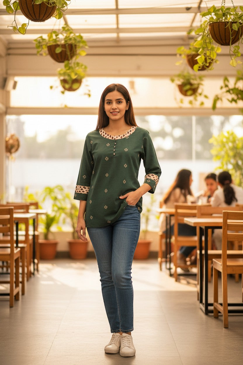 Naanu bottle green cotton kurti with geometric diamond motifs and ikat border trim on neckline and cuffs.