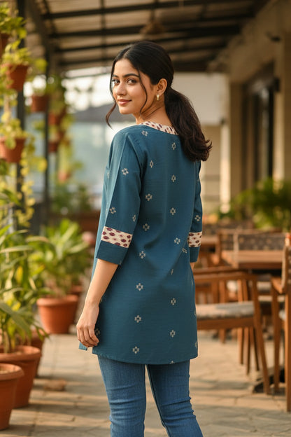 Naanu bottle green cotton kurti with geometric motifs and ikat border trim on neckline and cuffs.