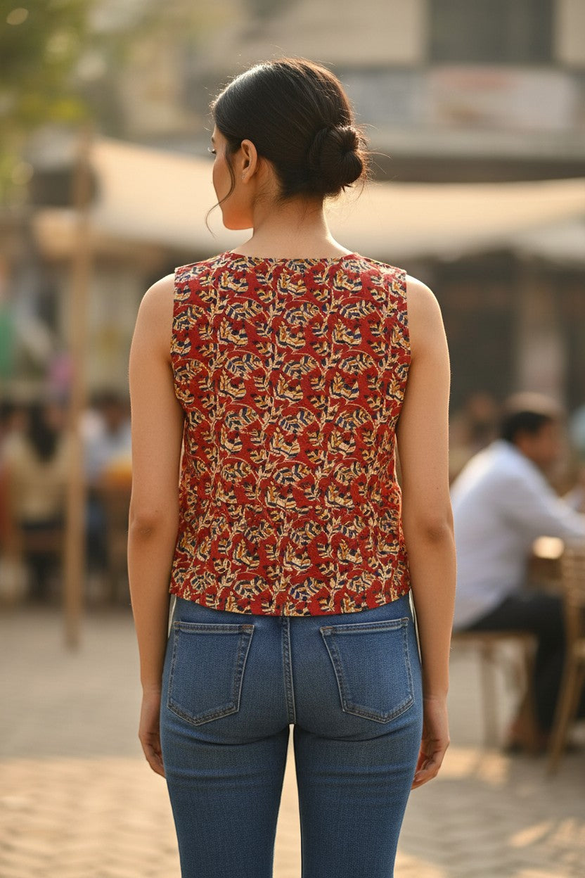 Naanu brick red cotton sleeveless boxy top with dense multicolor peacock feather block print and peplum waist.