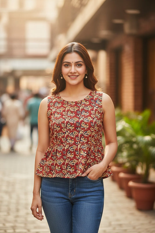 Naanu brick red cotton sleeveless boxy top with dense multicolor kalamkari peacock feather print and peplum waist.
