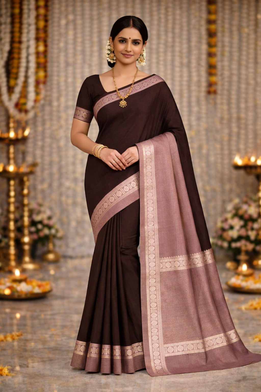 Naanu brown Chanderi silk saree with a contrast pink motif border and matching sleeves. Model wears traditional gold jewelry.