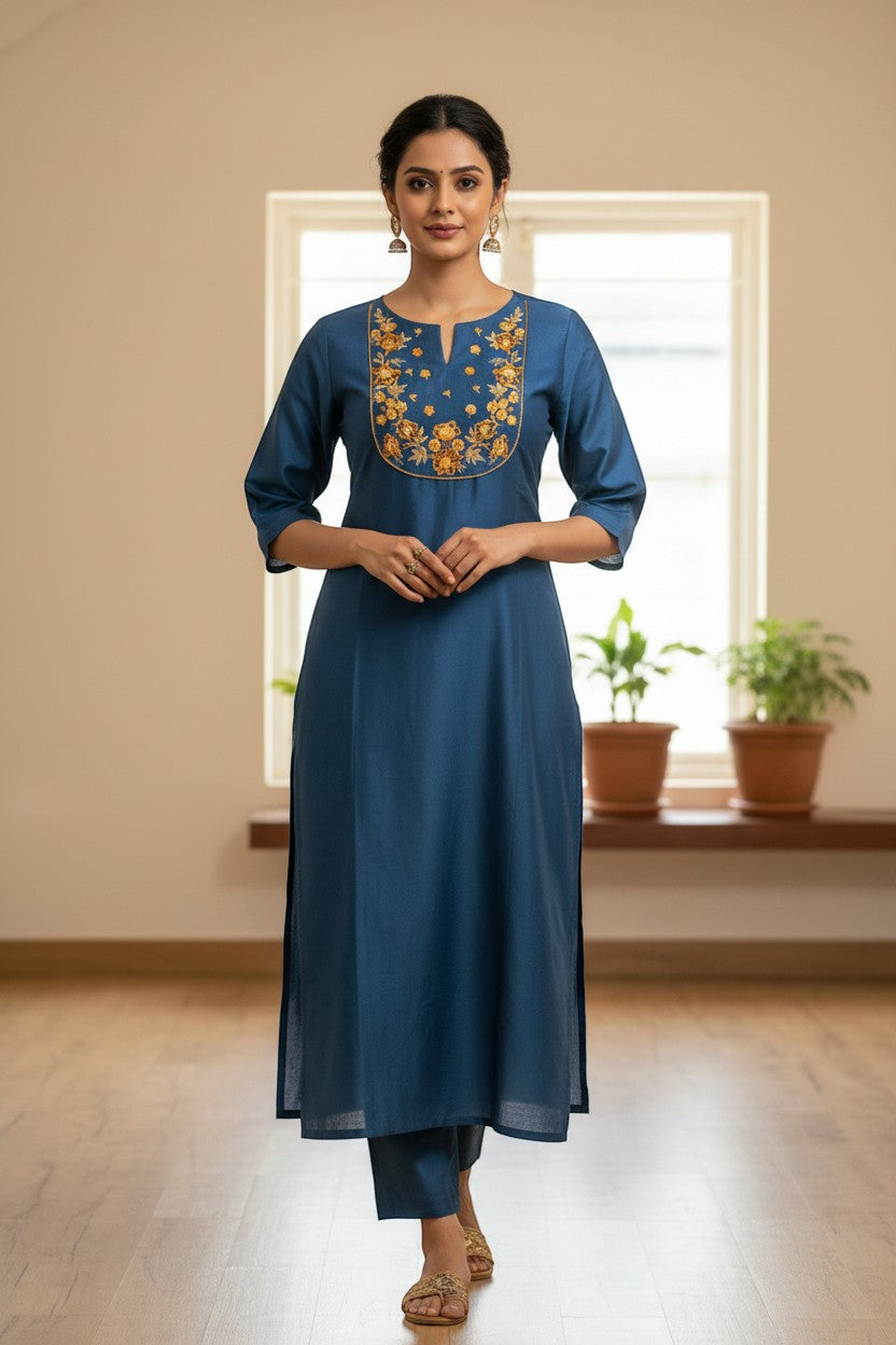 Naanu cerulean blue silk-like kurta with golden marigold floral embroidery on U-neckline yoke, short sleeves, and straight silhouette.
