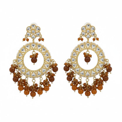 Naanu gold-tone chandbali earrings with a floral kundan stud top and cascading brown bead fringe.