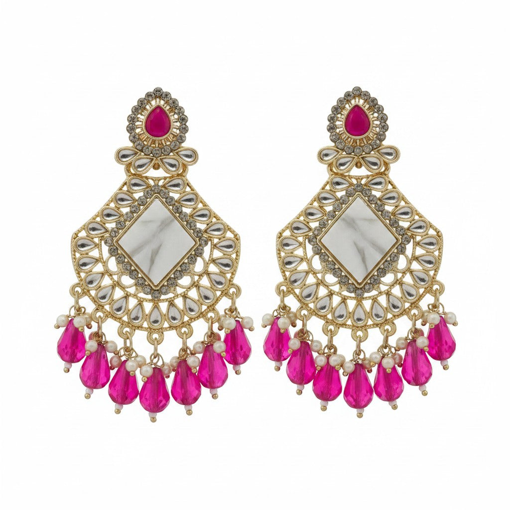 Naanu antique gold chandbali earrings with white polki mirror centre, pink teardrop crystals, and pearl accents.