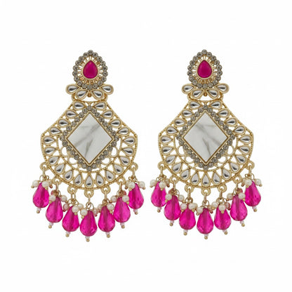 Naanu antique gold chandbali earrings with white polki mirror centre, pink teardrop crystals, and pearl accents.