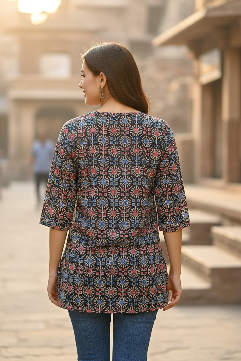 Naanu charcoal black cotton kurti with red and blue Ajrakh geometric medallion print, round neck, 3/4 sleeves.