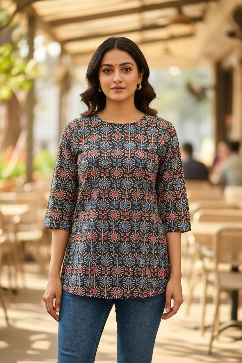 Naanu charcoal black cotton kurti with red and blue Ajrakh geometric medallion print, round neck, 3/4 sleeves.