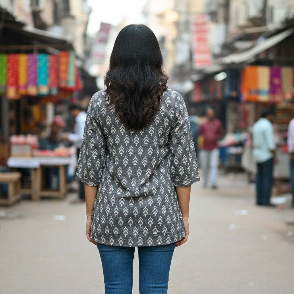 Naanu charcoal grey 100% cotton kurti with white cypress tree block print, square neck, 3/4 sleeves, and scalloped hem.