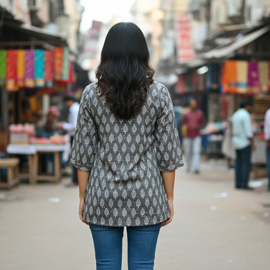 Naanu charcoal grey 100% cotton kurti with white cypress tree block print, square neck, 3/4 sleeves, and scalloped hem.
