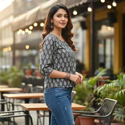 Naanu charcoal grey 100% cotton kurti with white cypress tree block print, square neck, 3/4 sleeves, and scalloped hem.
