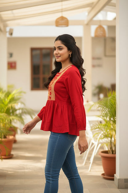 Naanu cherry red rayon peplum top with gold zari tree of life embroidery on yoke, square neck, full sleeves.