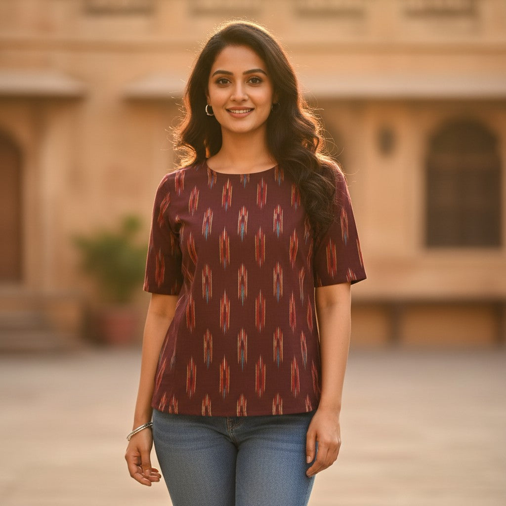 Naanu chocolate brown cotton ikat short top with multicolor diamond arrow pattern, round neck, and cap sleeves.
