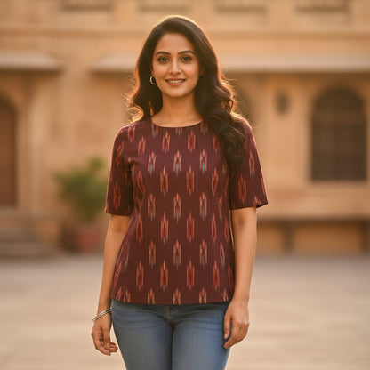 Naanu chocolate brown cotton ikat short top with multicolor diamond arrow pattern, round neck, and cap sleeves.