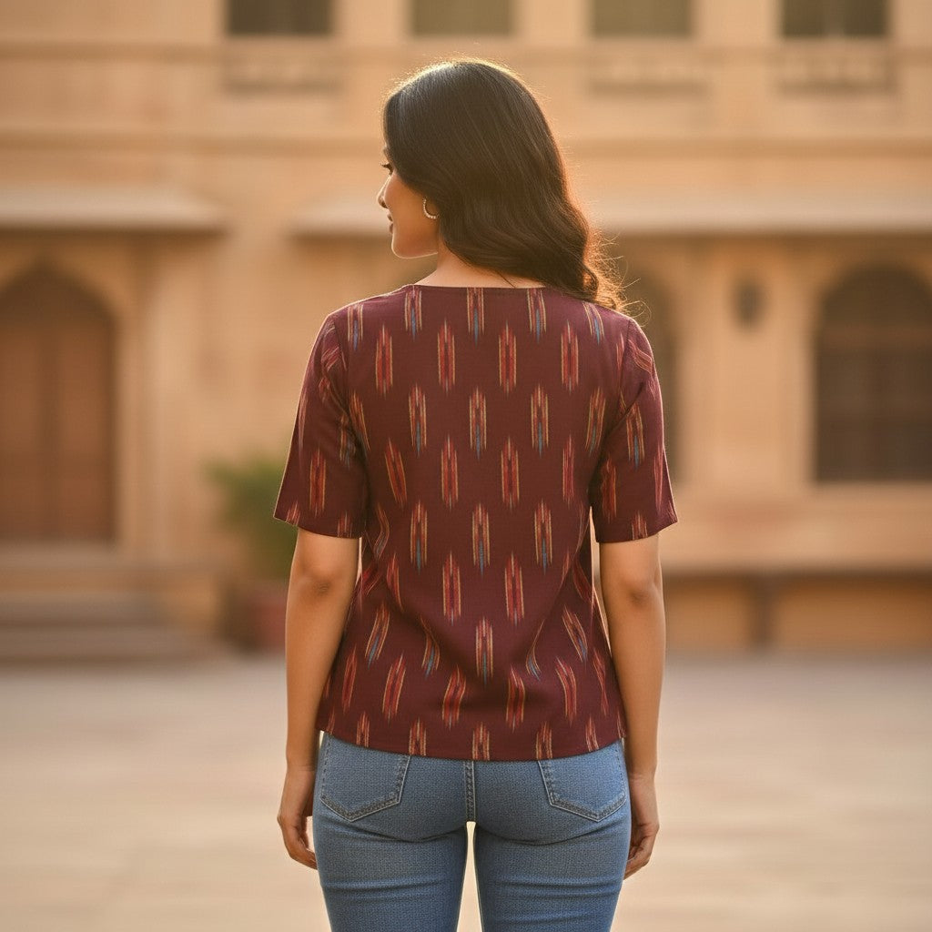 Naanu chocolate brown cotton ikat top with multicolor diamond arrow pattern, round neck, and cap sleeves.