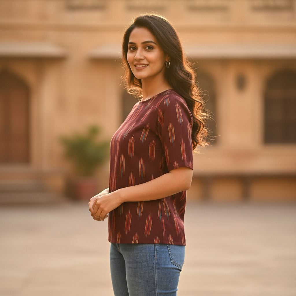 Naanu chocolate brown cotton ikat short top with multicolor diamond arrow pattern, round neck, and cap sleeves.