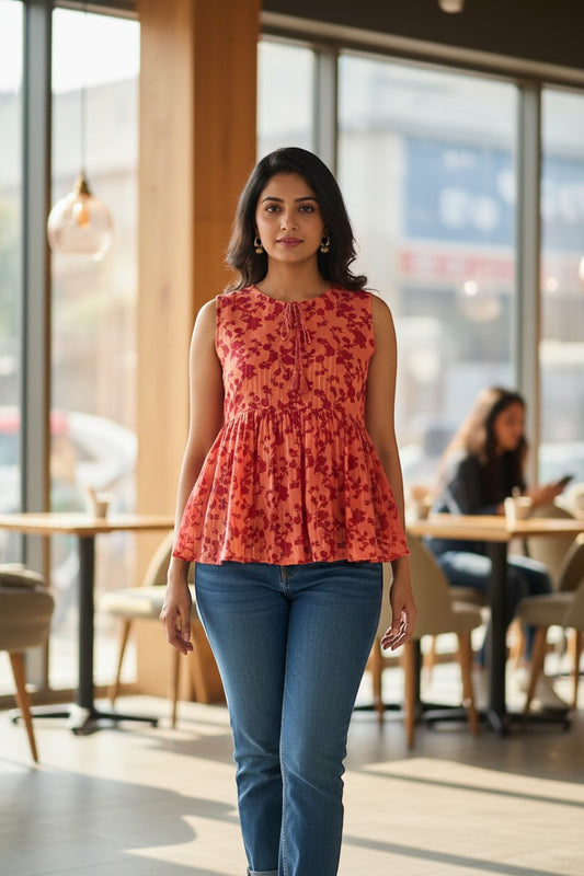 Naanu coral peach sleeveless peplum top with red floral print, gold lurex stripes, and tassel tie neck.