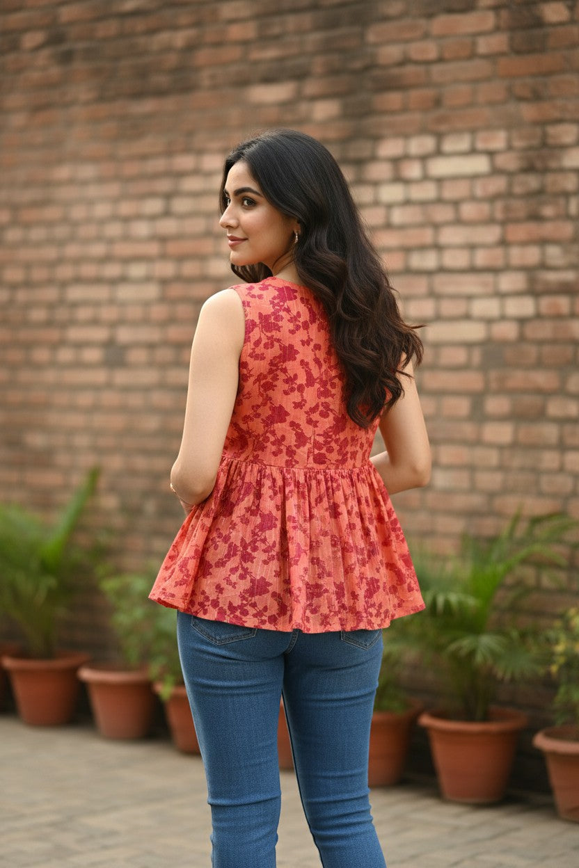 Naanu coral peach sleeveless peplum top with red floral print and gold lurex stripes, featuring a tassel tie.