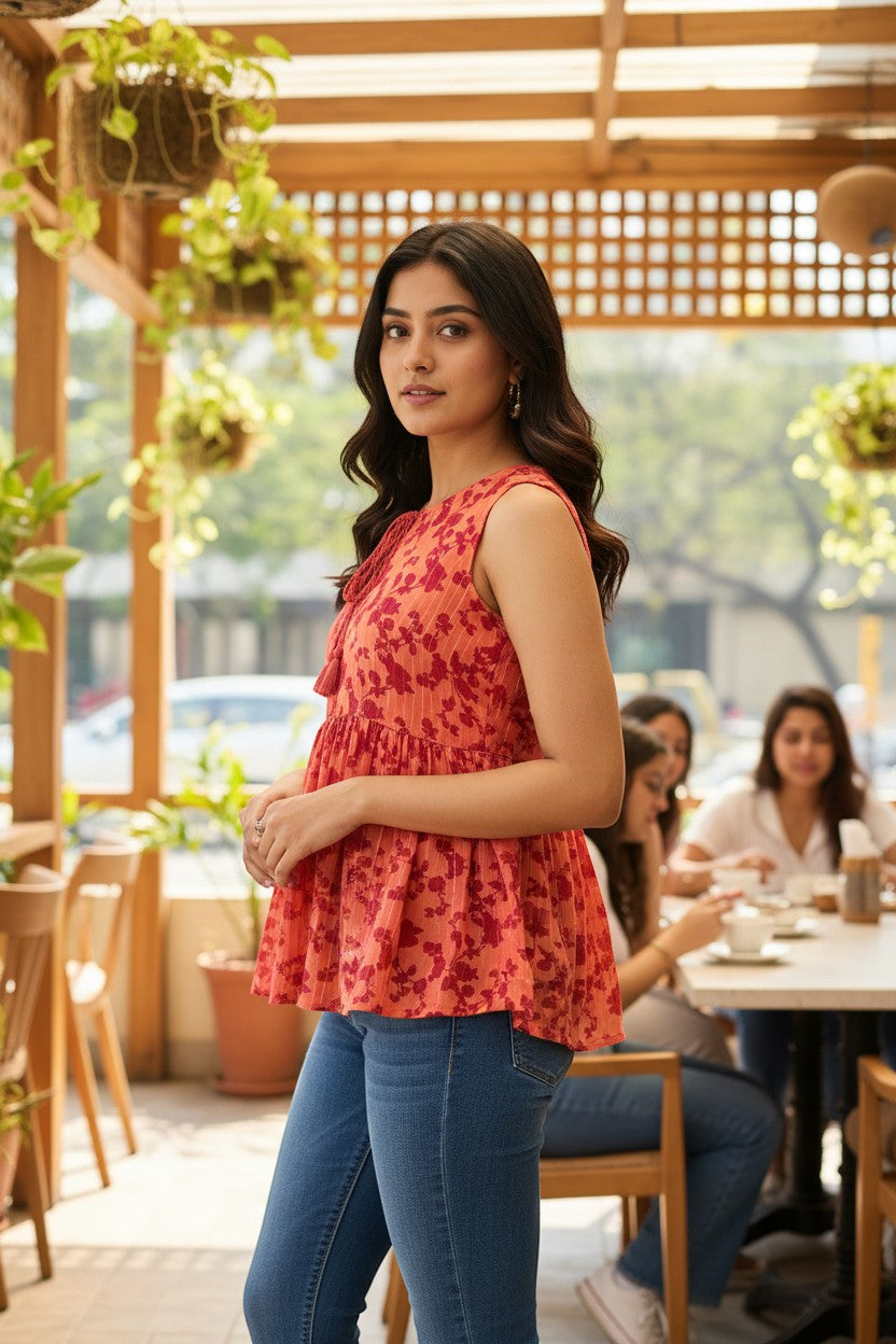 Naanu coral peach sleeveless peplum top with red floral print and gold lurex stripes, featuring a tassel tie.